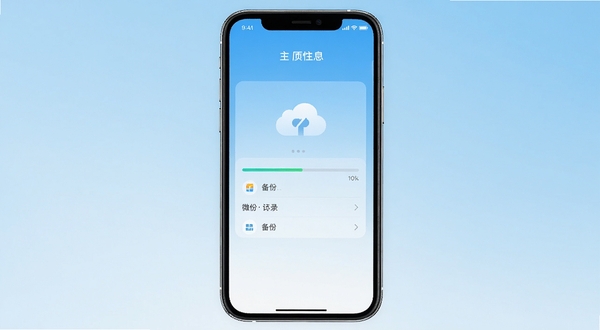 微备份聊天云记录 软件主界面截图 手机屏幕居中显示 背景为浅蓝色渐变 界面包含备份进度条与云端存储图标 整体风格简洁清爽