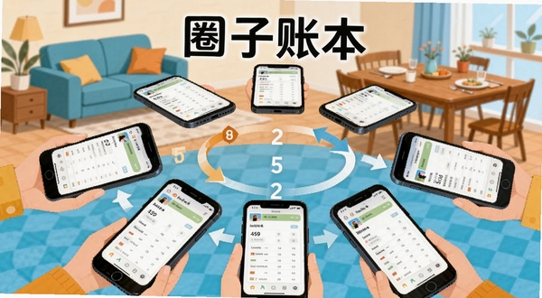 圈子账本 多人协同记账场景 多部手机围成一圈 屏幕显示同一账本数据同步 中间有箭头与数字流转 背景为客厅与餐桌 风格扁平化插画 突出圈子账本字样