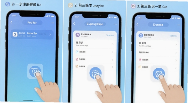 圈子账本 新手操作指引 手机界面分步截图 第一步注册登录 第二步创建账本 第三步记一笔 背景为淡蓝色渐变 有手指点击图标 风格简洁教程风