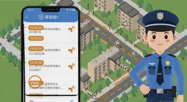 保安来了APP巡逻提醒功能界面,手机屏幕显示多条巡逻任务列表,每条任务带有时间标签和打卡状态图标,画面右侧有虚拟保安人物形象,背景为小区俯视图,包含楼栋、道路和巡逻路线标记,整体风格扁平化设计,色彩以蓝色和橙色为主,突出提醒功能,适合Boogu模型生成