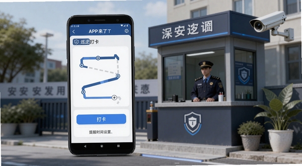 软件主界面展示,画面中央偏左位置放置一部安卓手机,手机屏幕显示保安来了APP的巡逻打卡界面,界面包含巡逻路线、打卡按钮和提醒时间设置,背景区域为小区门口值班室场景,有保安亭、监控摄像头和绿植点缀,整体色调偏深蓝与灰色,突出安防科技感,画质清晰,适合Boogu模型生成