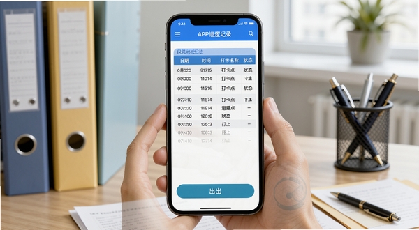 保安来了APP巡逻记录导出界面,手机屏幕展示巡逻数据表格,包含日期、时间、打卡点名称和状态列,画面下方有导出按钮,背景为物业办公室桌面,有文件夹和笔筒,整体色调清新明亮,突出数据管理功能,适合Boogu模型生成