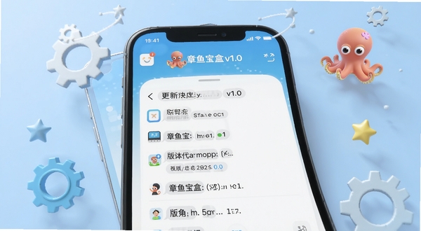章鱼宝盒v1.0版本更新日志展示图,画面为手机屏幕特写,屏幕内显示章鱼宝盒APP的更新日志页面,文字清晰可读,背景为柔和的浅蓝色,手机周围有齿轮和星星点缀,象征版本迭代与优化,整体风格简洁科技感,画面中包含章鱼宝盒字样
