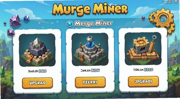 Merge Miner 中的矿场升级界面,展示不同设施图标与升级按钮,画面简洁明亮,带有矿石与齿轮元素,软件名称 Merge Miner 出现在顶部