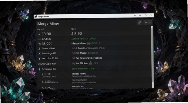 Merge Miner 更新日志界面展示,画面中有版本号与更新条目列表,背景为深色矿洞风格,带有发光矿石点缀,软件名称 Merge Miner 显示在顶部