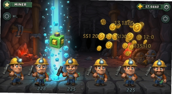Merge Miner 游戏界面截图风格,展示矿工合成动画与金币飘字效果,画面中有多个等级矿工排列,背景为矿洞场景,明亮卡通渲染