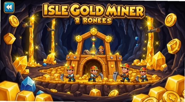 Idle Gold Miner游戏主界面全景图,画面中央是一座金碧辉煌的矿场,矿工小人正在忙碌挖掘,背景是深邃的地下矿洞与闪烁的金矿脉,四周散落着金块与金币,整体采用美式卡通渲染风格,色彩明亮鲜艳,构图饱满,适合作为软件下载站展示图