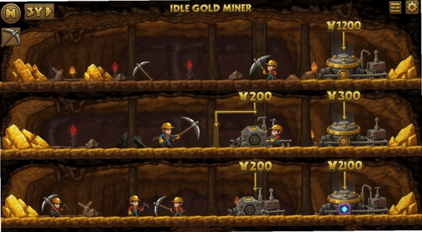 Idle Gold Miner矿场升级界面截图,展示从铁镐到自动化挖掘设备的升级树,画面中有多个矿工角色在不同层级作业,背景是层层递进的矿洞结构,金色与棕色为主色调,UI简洁清晰,突出放置类游戏的成长感