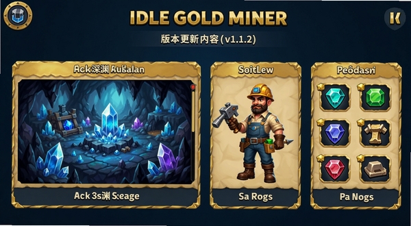Idle Gold Miner版本更新内容展示图,画面以信息图形式呈现v1.1.2版本的新增内容,包括新矿洞地图水晶深渊的场景预览、新矿工角色立绘、宝石套装图标,整体风格与游戏UI一致,金色与深蓝色为主色调,布局清晰简洁