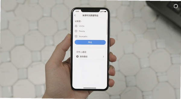纵享时光数据导出操作界面,手机屏幕显示设置菜单中的导出按钮和文件保存路径提示,背景为白色简洁风格,画面主体居中,适配Boogu模型生成