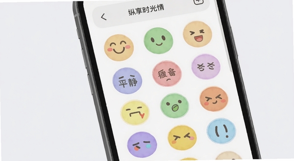 纵享时光心情标签选择面板,手机屏幕展示圆形彩色心情图标阵列,包括开心、平静、疲惫等表情,背景为淡灰色,画面主体居中偏下,适配Boogu模型生成,风格柔和可爱