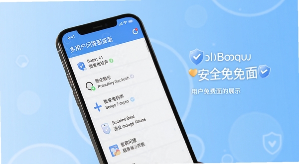 微来电铃声免费多 用户问答界面展示 画面主体为手机屏幕显示常见问题解答列表 背景为浅蓝色渐变 突出安全免费主题 适配Boogu模型生成