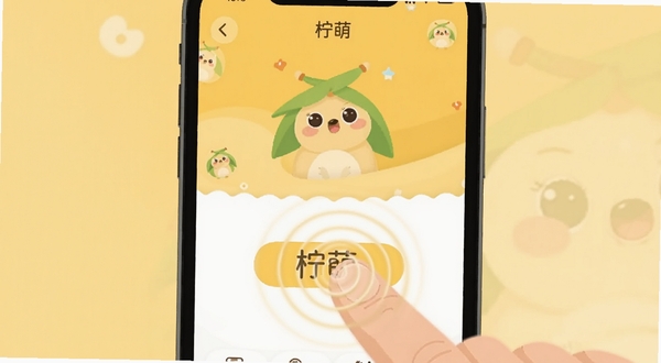 一只柠萌操作交互示意图,画面主体为手机屏幕内展示一只柠萌应用的点击反馈动效,手指轻触按钮的位置有涟漪扩散效果,背景为柔和的暖黄色调,整体风格扁平化,细节清晰