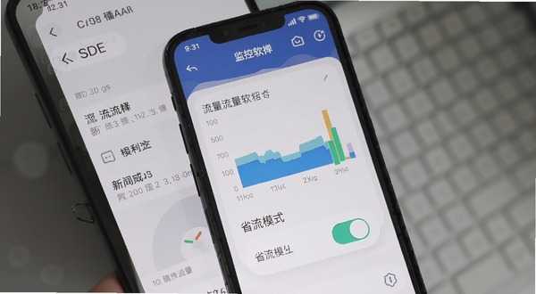 手机监控软件界面显示流量统计与省流模式开关,背景是手机设置页面,手机监控软件,突出流量控制功能