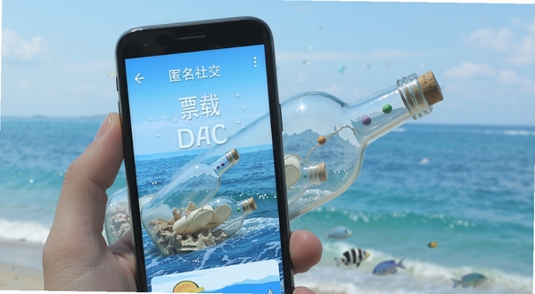 漂流瓶瓶 下载 安卓应用 主界面 匿名社交 漂流瓶 海洋背景 手机屏幕展示 蓝色调 清爽风格