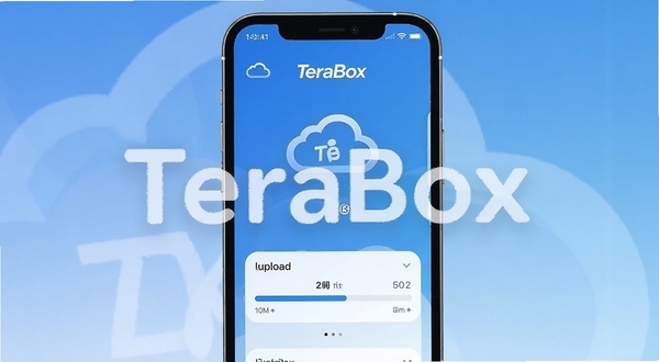 TeraBox 云存储界面展示,手机屏幕中显示大容量云盘空间和上传进度条,背景为简洁的蓝色渐变,突出软件名称 TeraBox