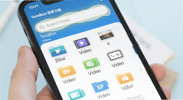 TeraBox 文件分类与搜索功能示意,画面中展示手机端文件列表按图片视频文档分类排列,搜索框高亮,整体风格清新明快