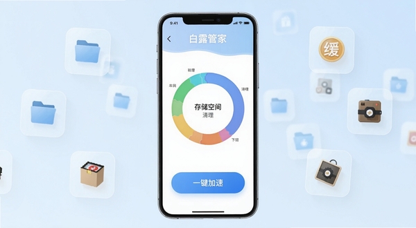 白露管家(最新版)软件主界面全貌展示,画面中央是手机屏幕,屏幕内显示存储空间环形清理图表和“一键加速”大按钮,背景区域为淡蓝色渐变,四周漂浮着代表文件、缓存、安装包的半透明小图标,整体风格清新简洁,适配Boogu模型生成