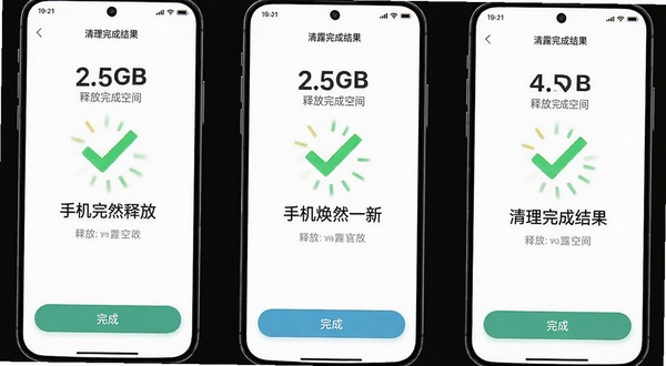 白露管家(最新版)清理完成结果页面,手机屏幕显示释放了2.5GB空间,界面有绿色对勾动画和“手机焕然一新”的文字提示,背景为干净的白色,下方有“完成”按钮