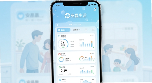 一款名为安晶生活的手机应用界面展示,画面中央是清爽的健康数据仪表盘,上方有安晶生活Logo,背景是浅蓝色渐变与抽象家庭剪影,整体风格现代简洁,适配Boogu模型生成
