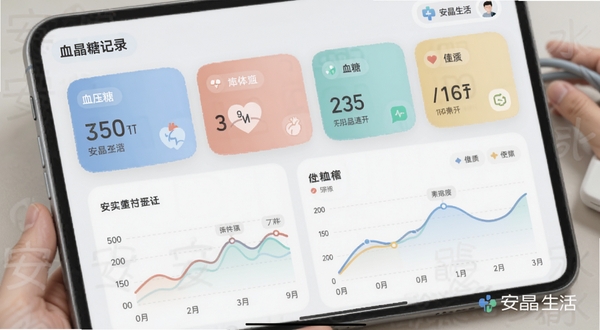 安晶生活应用内的数据记录界面,展示血压血糖体重等指标卡片与折线图,配色柔和,背景有安晶生活水印,细节清晰,适配Boogu模型生成