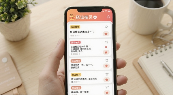 搭讪柚见话术库界面预览,手机屏幕内展示多条分类整齐的话术卡片,每张卡片带有标签和收藏按钮,背景为浅色系桌面环境,光线明亮柔和,突出软件名称搭讪柚见在界面顶部的标识