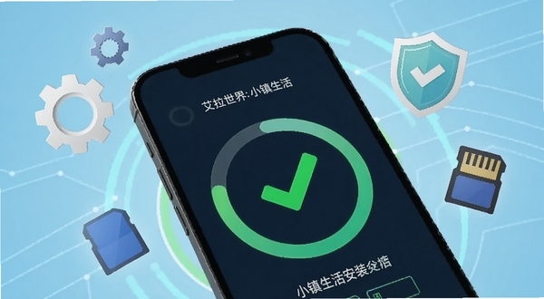 艾拉世界:小镇生活安装器 智能检测界面场景图,画面展示手机屏幕特写,屏幕内呈现检测进度环形图与绿色对勾标记,手机周围环绕齿轮、盾牌、存储卡等抽象图标,背景为浅蓝色科技感渐变,突出安全与智能