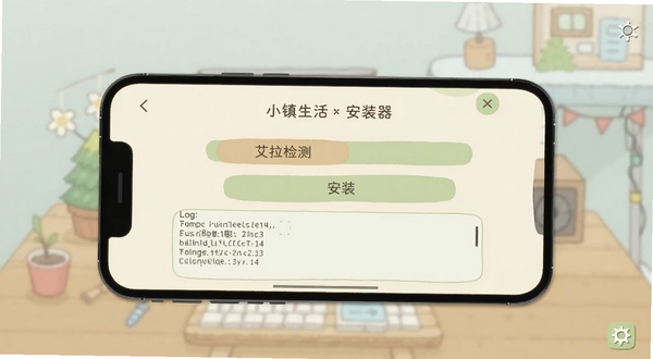 艾拉世界:小镇生活安装器 移动端操作界面截图,画面展示手机屏幕内安装器主界面,包含检测按钮、安装按钮与日志输出区域,界面配色为柔和的米黄色与浅绿色,背景为简约的桌面壁纸