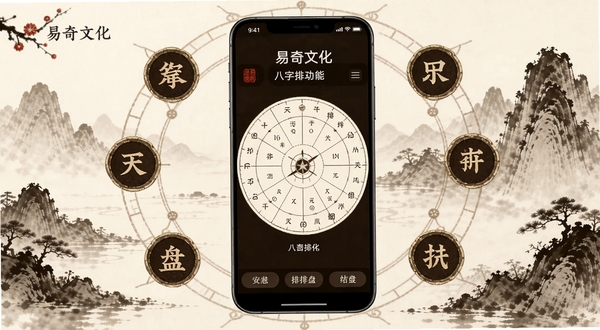 易奇文化安卓手机主界面八字排盘功能展示图,画面中央为手机屏幕显示排盘结果,背景为传统水墨山水风格,色调以米白与深棕为主,突出古典文化氛围,手机周围环绕罗盘与天干地支元素,整体构图对称,适合Boogu模型生成