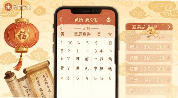 易奇文化黄历宜忌查询界面截图风格插画,画面展示手机屏幕中的黄历日历页面,背景为淡金色祥云纹理,左侧有传统灯笼与卷轴装饰,右侧显示宜忌条目,整体色调温暖柔和,突出民俗文化气息,适合Boogu模型生成