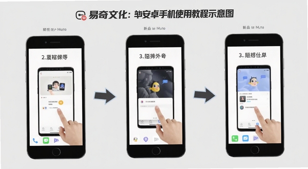 易奇文化安卓手机使用教程示意图,画面展示手机屏幕分步骤操作流程,背景为浅灰色简约风格,配有箭头指引与图标说明,整体布局清晰,适合Boogu模型生成