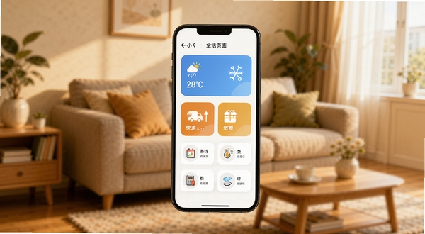 善小维生活服务聚合页面示意图,手机屏幕展示天气、快递、缴费等卡片式入口,背景为居家客厅环境,色彩温暖