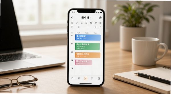 善小维智能日程管家功能展示图,画面中央为手机日历界面,日程条目清晰可见,背景为办公桌面环境,光线柔和,细节丰富