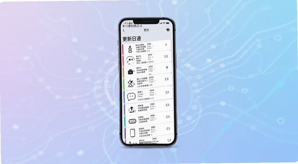 善小维版本更新功能展示图,手机屏幕显示更新日志列表,背景为科技感浅色渐变,整体风格现代简洁