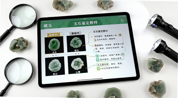 藏玉APP学习页面,画面中央一部平板电脑显示玉石鉴定教程图文,左侧为真假玉石对比图,右侧为文字说明与要点标注,平板周围摆放着放大镜、强光手电和几块不同产地的玉石标本,背景为整洁的白色书桌,光线明亮均匀,整体呈现专业教学场景,突出知识性与实用性