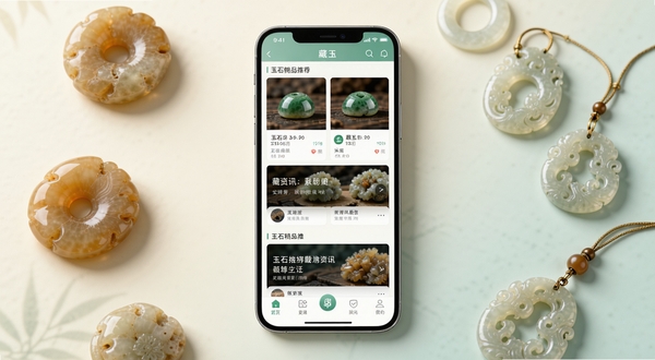 藏玉应用主界面展示,画面中央是一部智能手机,屏幕上呈现藏玉APP的首页布局,包含玉石精品推荐卡片、资讯轮播图与底部导航栏,背景为柔和的米白色与淡青色渐变,四周点缀几枚温润的和田玉籽料原石与精致玉雕挂件,整体色调典雅温润,光线柔和自然,突出玉石文化的厚重感与现代移动应用的简洁设计,画面比例为16:9,高清细节,适合软件下载站展示使用