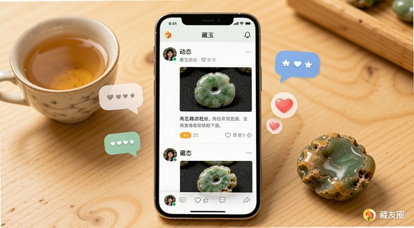 藏玉APP藏友圈界面,画面中央一部智能手机竖屏显示社区动态列表,包含用户头像、玉石照片、文字描述与点赞评论按钮,手机两侧漂浮着对话气泡和爱心图标,背景为温暖的浅木色桌面,桌上放着一杯清茶和一块带皮色的和田玉小籽料,整体色调温馨亲切,传达出藏友之间轻松交流的社群氛围