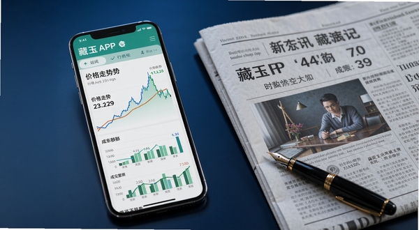 藏玉APP资讯页面,画面展示一部手机屏幕内呈现新闻列表与行情数据图表,图表中包含价格走势曲线和成交额柱状图,手机旁边放着一份展开的报纸和一支钢笔,背景为深蓝色渐变,营造出专业财经资讯的视觉感受,画面简洁大气,突出信息时效性与权威感