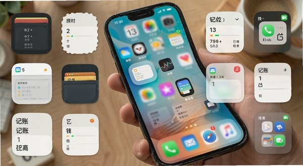 钱包请等等 桌面小组件展示 手机主屏幕显示记账快捷入口 多种尺寸小组件 清新桌面风格 高清UI