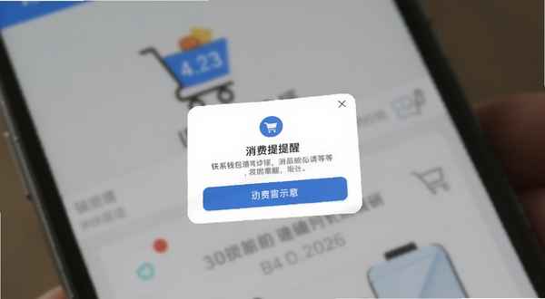 钱包请等等 消费提醒弹窗功能示意 手机屏幕显示确认购买提醒 蓝白配色 简洁UI 背景虚化购物车图标 高清细节
