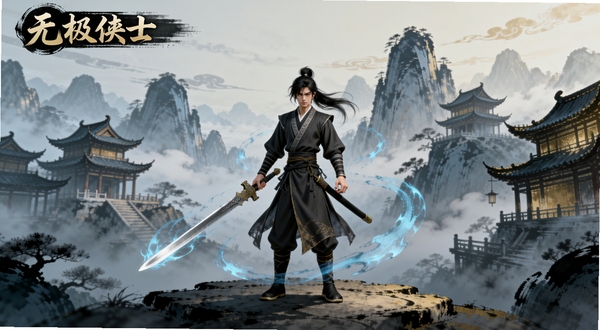无极侠士游戏主界面全景展示,画面中央为身着玄色劲装的侠客角色手持长剑,背景为云雾缭绕的群山与古典中式楼阁,水墨风格渲染,色调以青灰与暖金为主,角色周围有淡蓝色剑气光效,整体构图大气开阔适配Boogu模型生成