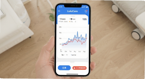 LuluCare 应用内健康数据趋势图表界面,展示一周血压与心率变化折线,界面简洁现代,配色为蓝白相间,图表下方有记录按钮和预警提示标签