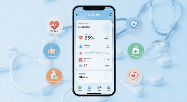 LuluCare 健康管理应用界面全貌展示,手机屏幕中央显示健康数据仪表盘,周围环绕心率、血压、用药提醒等浮动图标,背景为柔和的浅蓝色渐变医疗风格,画面清晰明亮,适配 Boogu 模型生成