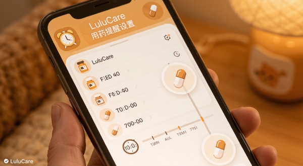 LuluCare 用药提醒设置界面,手机屏幕显示药品列表与时间轴,闹钟图标和药丸图标点缀其中,背景为温馨的暖色调,突出提醒功能