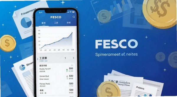 FESCO应用薪酬查询界面截图风格,手机屏幕显示薪资趋势折线图与工资条明细列表,背景点缀金币与报表元素,扁平化设计,科技感蓝色渐变