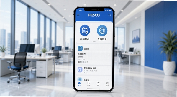 画面中央为一部智能手机,屏幕上清晰显示FESCO应用主界面,包含薪酬查询与社保服务图标,背景为现代化写字楼办公区,明亮简洁的商务风格,蓝白色调为主,突出专业与信赖感