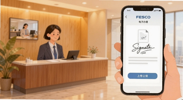 FESCO入职办理场景图,手机屏幕显示电子签名区域与文档上传按钮,背景为现代办公室前台,人物手持手机操作,暖色调商务插画风格