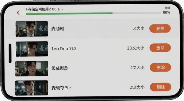 麦萌短剧离线缓存管理页面,手机屏幕显示已缓存剧集列表,每项包含剧集缩略图、名称、文件大小和删除按钮,背景为浅灰色,顶部有存储空间使用进度条,整体界面简洁实用