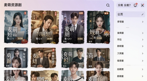 麦萌短剧海量资源库界面,手机屏幕中显示多部短剧封面以网格形式排列,每部剧集配有剧名和集数标签,背景为淡紫色渐变,画面右侧有分类筛选侧边栏,整体呈现丰富的内容聚合感