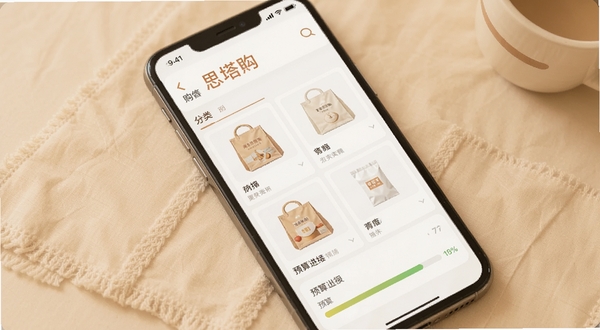 思塔 购物清单界面,手机屏幕显示分类商品列表和预算进度条,背景为柔和米色,整体风格温馨